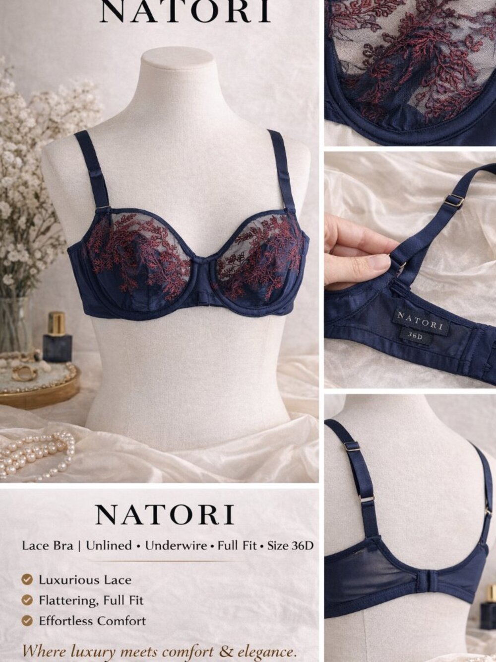 Natori Bra Lace Unlined Underwire Full Fit Sexy SZ36D Intimates Lingerie